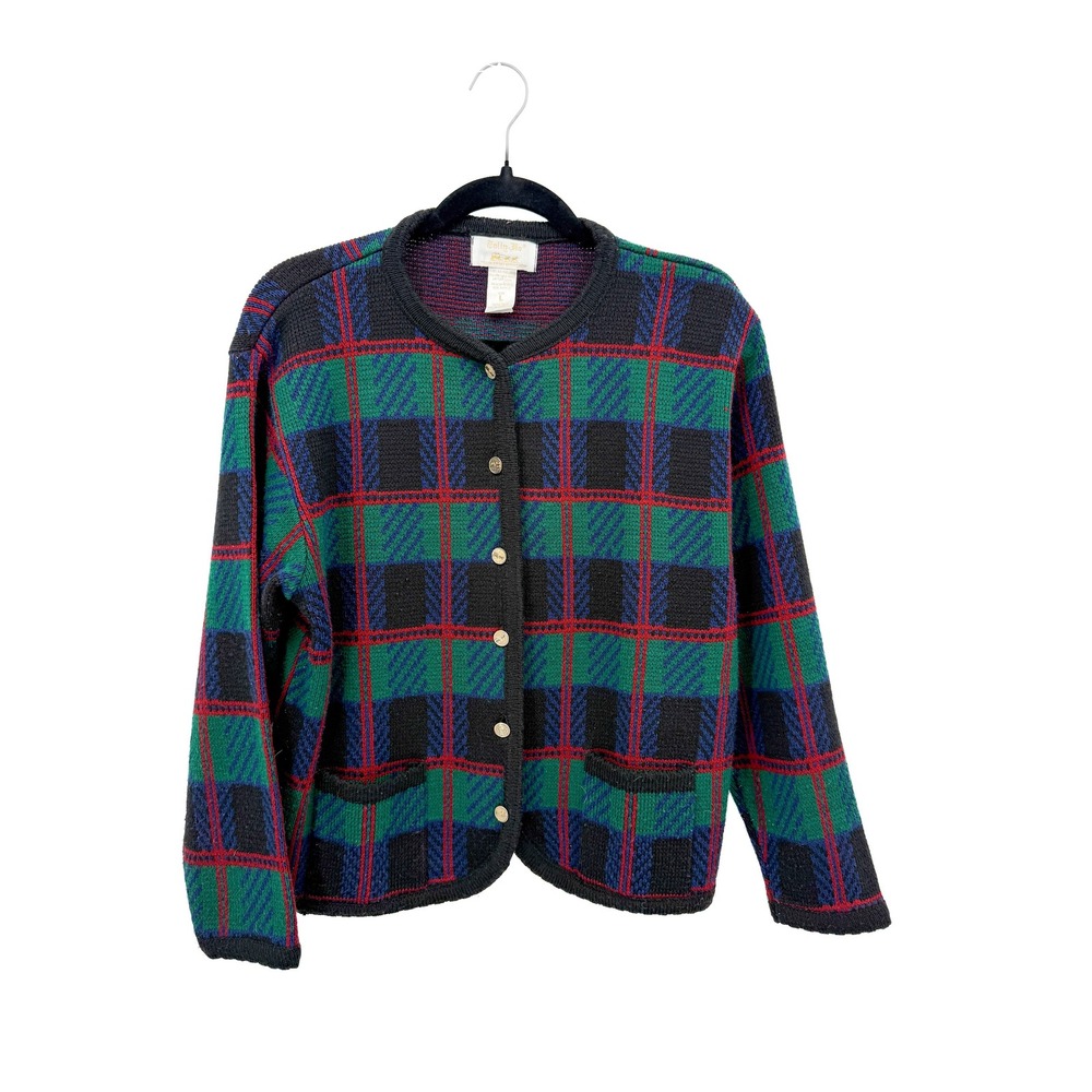 Edith Flagg Cardigan Women Large Green Plaid Vintage Gold Button Knit Sweater